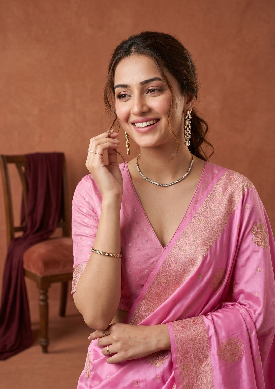 Baby Pink Silk Buti Saree With Matching Blouse Piece