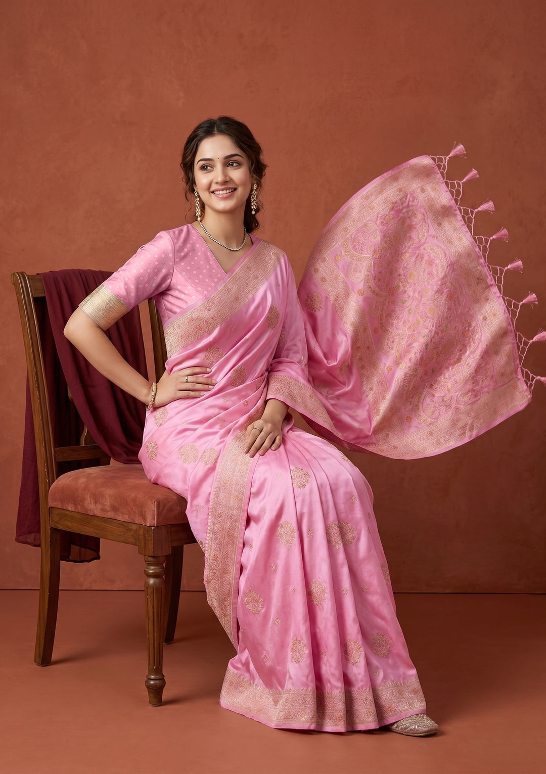 Baby Pink Silk Buti Saree With Matching Blouse Piece