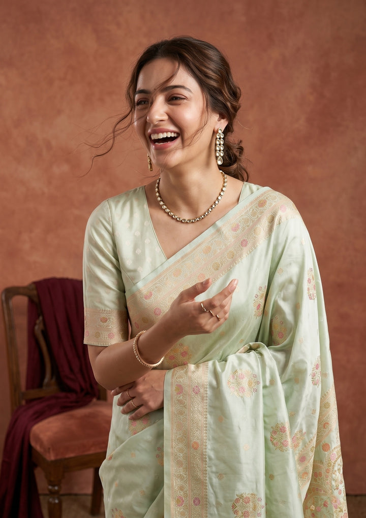 Sea Green Silk Buti Saree With Matching Blouse Piece