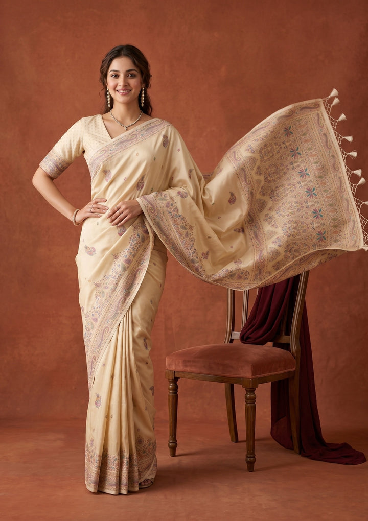 Cream Silk Buti Saree With Matching Blouse Piece