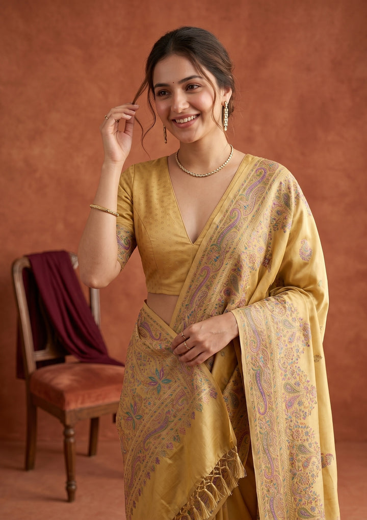 Gold Silk Buti Saree With Matching Blouse Piece