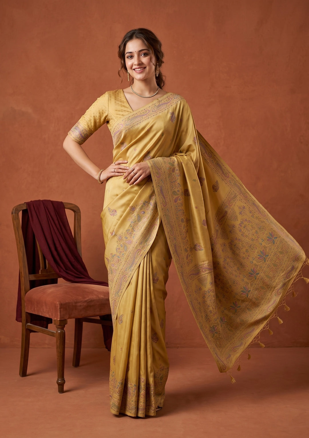 Gold Silk Buti Saree With Matching Blouse Piece