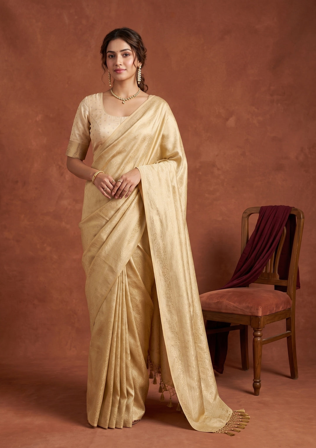 Gold Silk Jaal Saree With Matching Blouse Piece