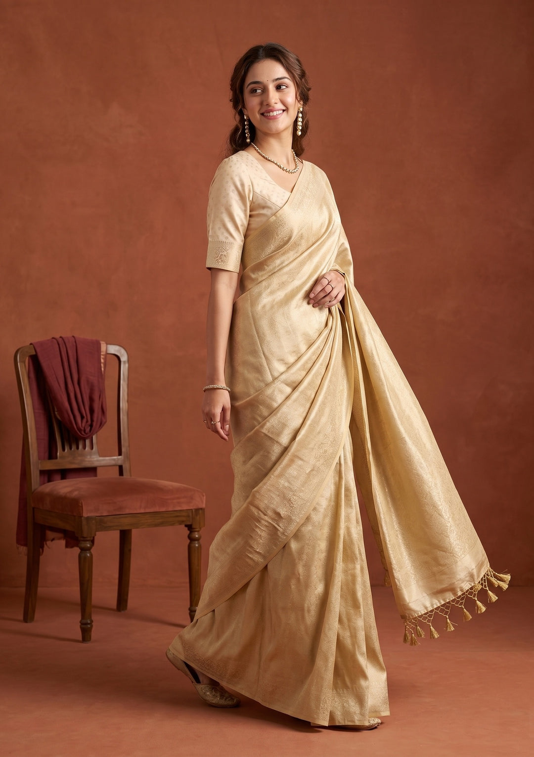 Gold Silk Jaal Saree With Matching Blouse Piece