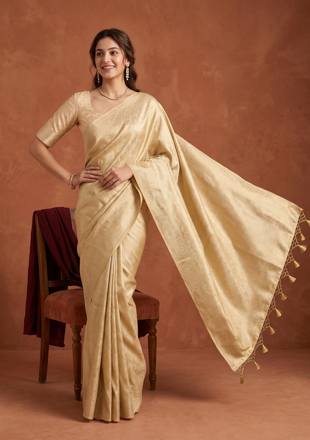 Gold Silk Jaal Saree With Matching Blouse Piece