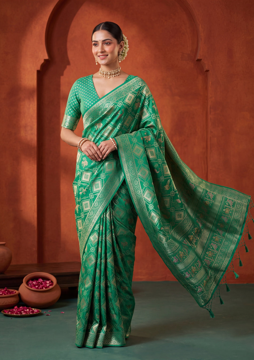 Rama Green Patola Art Silk Saree With Matching Blouse Piece