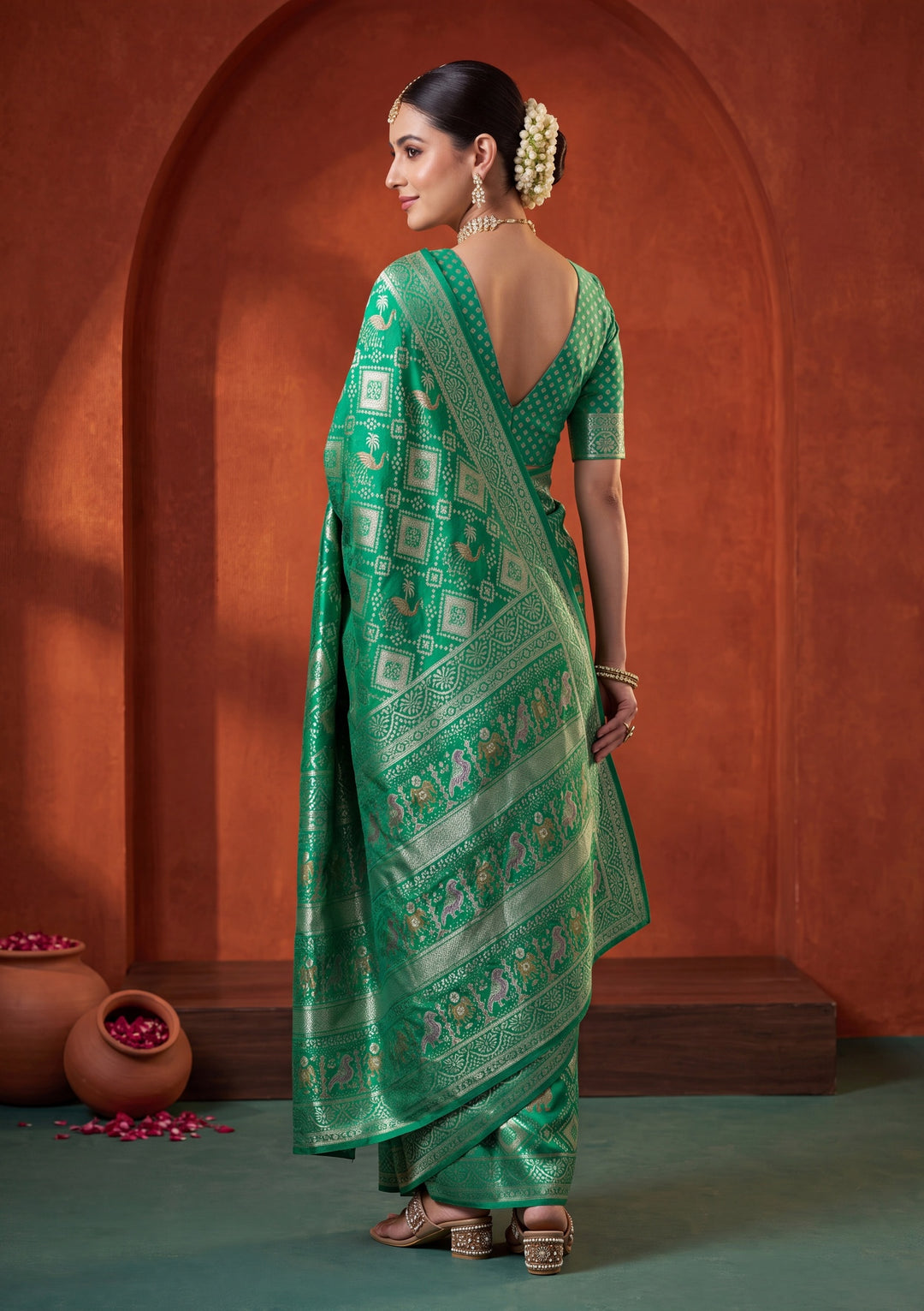 Rama Green Patola Art Silk Saree With Matching Blouse Piece