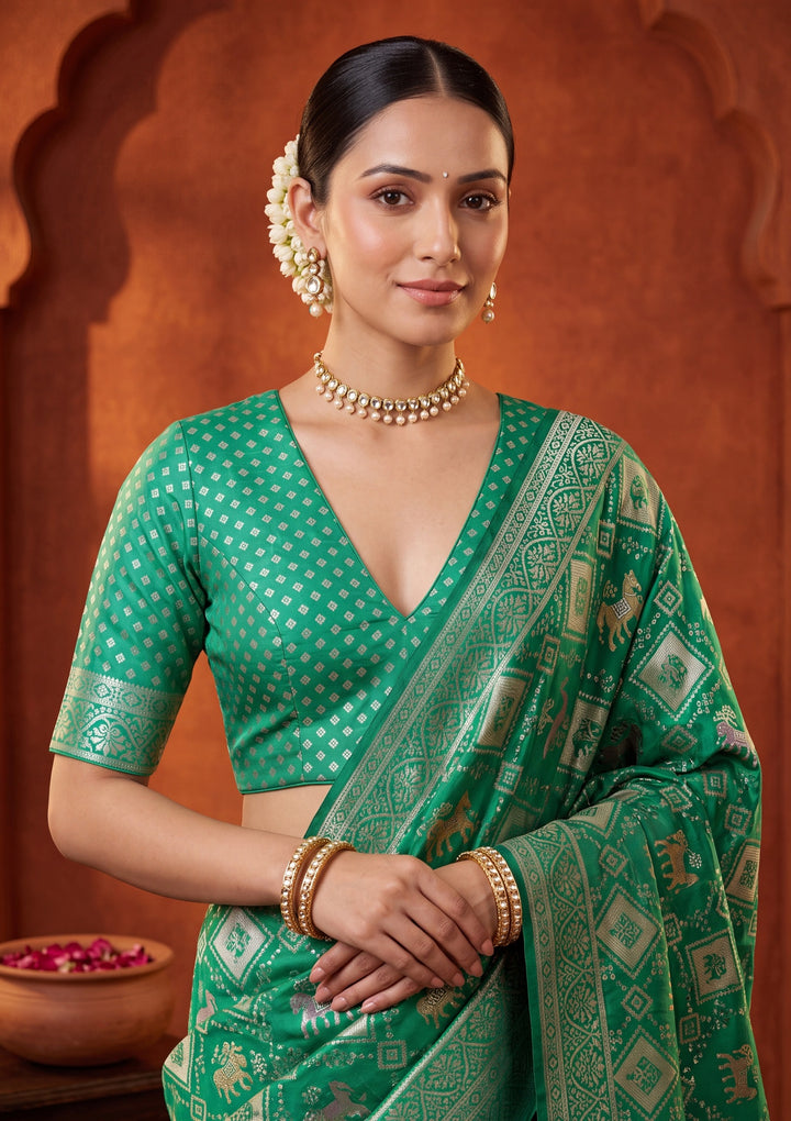 Rama Green Patola Art Silk Saree With Matching Blouse Piece
