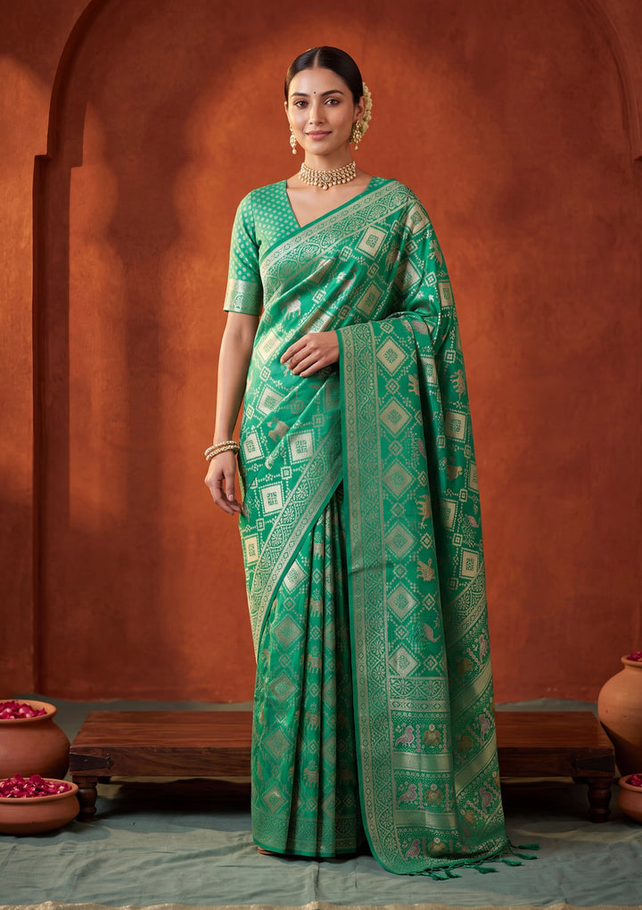 Rama Green Patola Art Silk Saree With Matching Blouse Piece