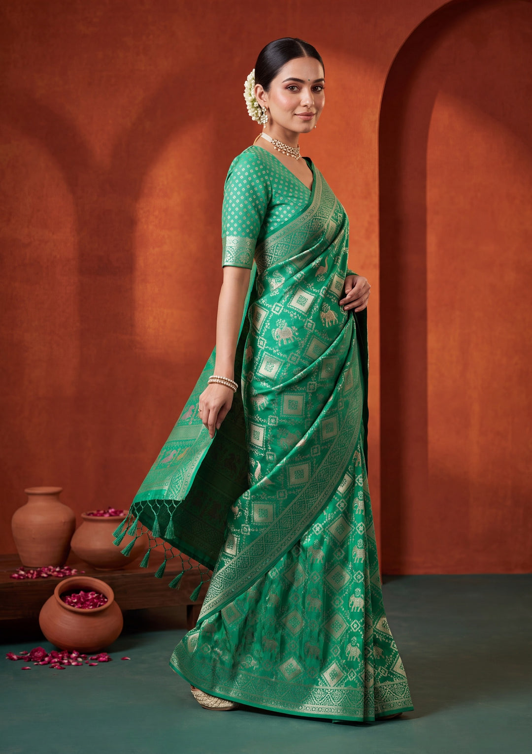 Rama Green Patola Art Silk Saree With Matching Blouse Piece