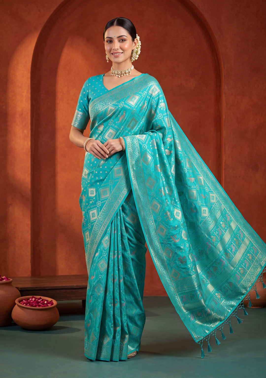 Turquoise Blue Patola Art Silk Saree With Matching Blouse Piece