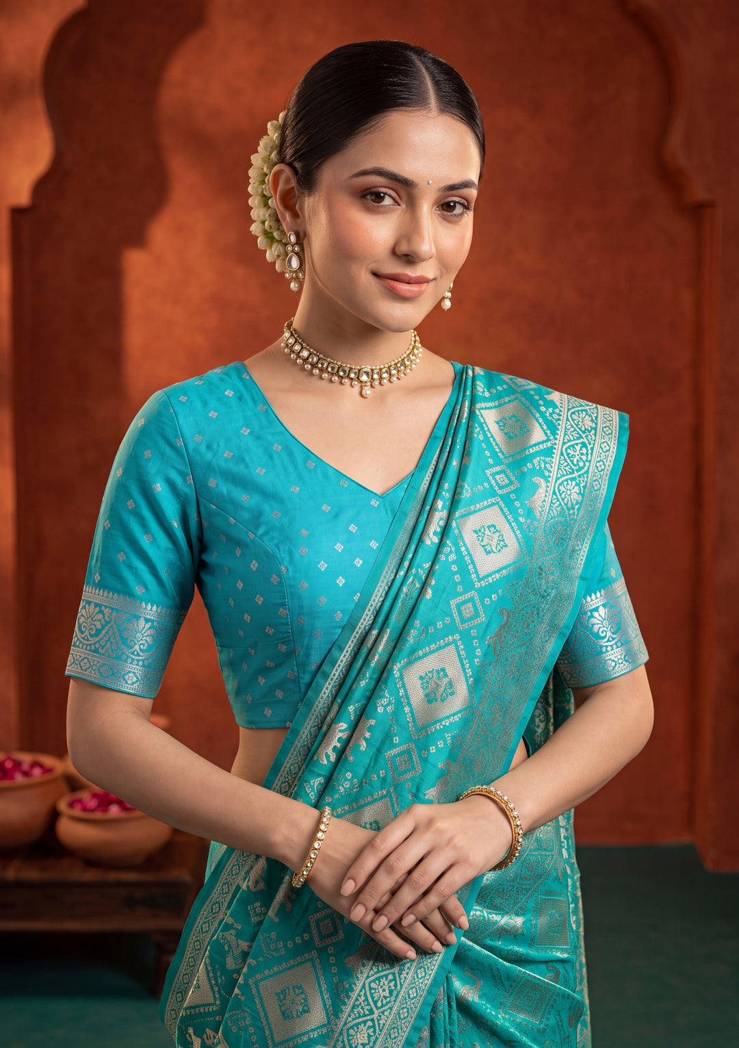 Turquoise Blue Patola Art Silk Saree With Matching Blouse Piece