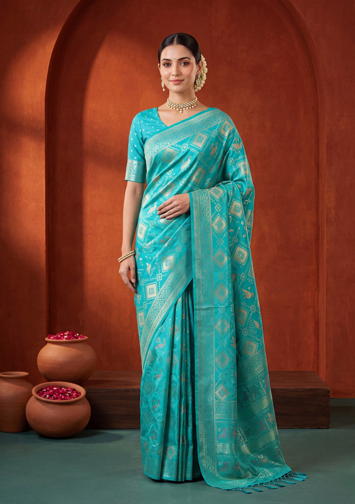Turquoise Blue Patola Art Silk Saree With Matching Blouse Piece