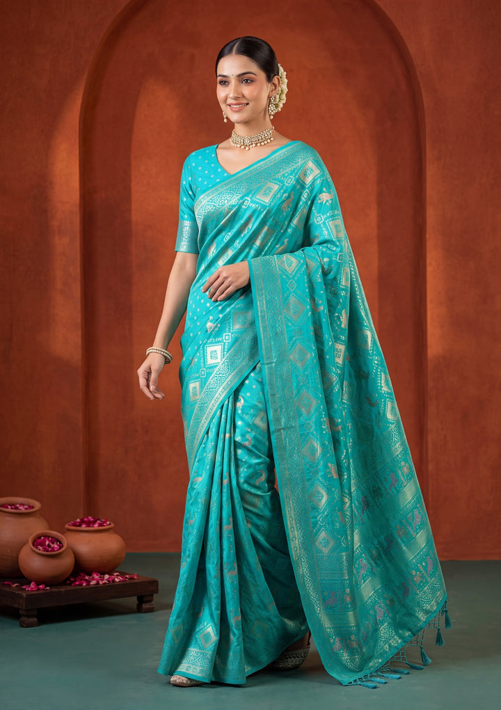 Turquoise Blue Patola Art Silk Saree With Matching Blouse Piece