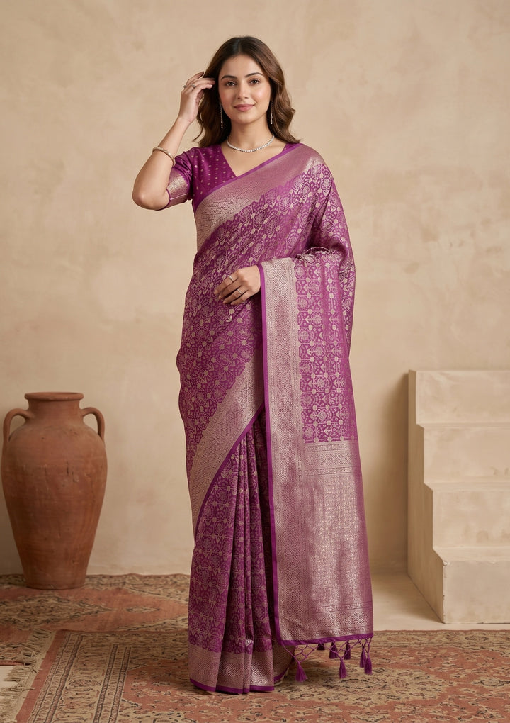 Purple Silk Jaal Saree With Matching Blouse Piece
