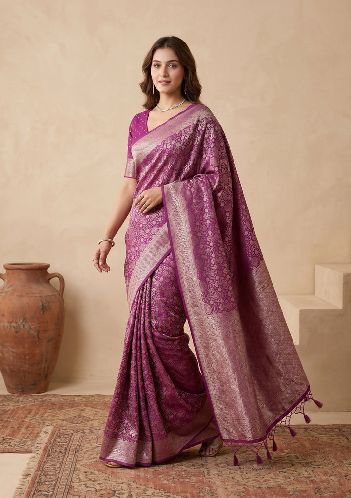 Purple Silk Jaal Saree With Matching Blouse Piece