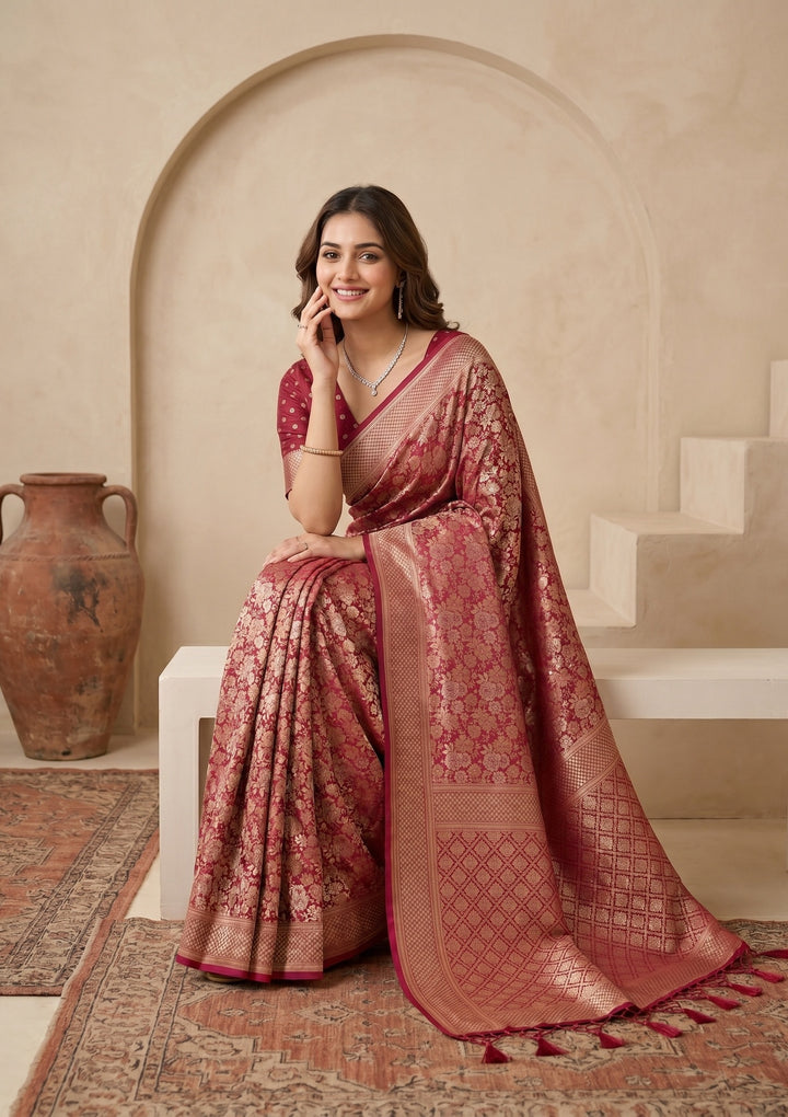 Maroon Silk Jaal Saree With Matching Blouse Piece