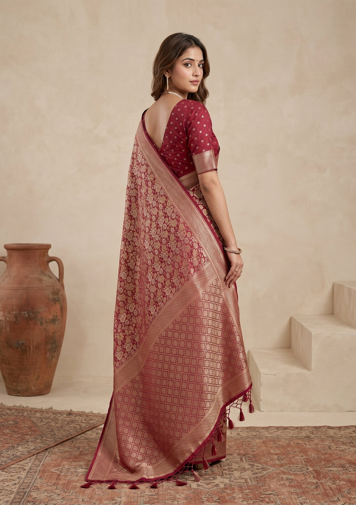 Maroon Silk Jaal Saree With Matching Blouse Piece