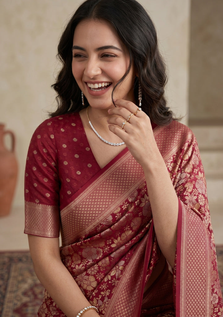 Maroon Silk Jaal Saree With Matching Blouse Piece