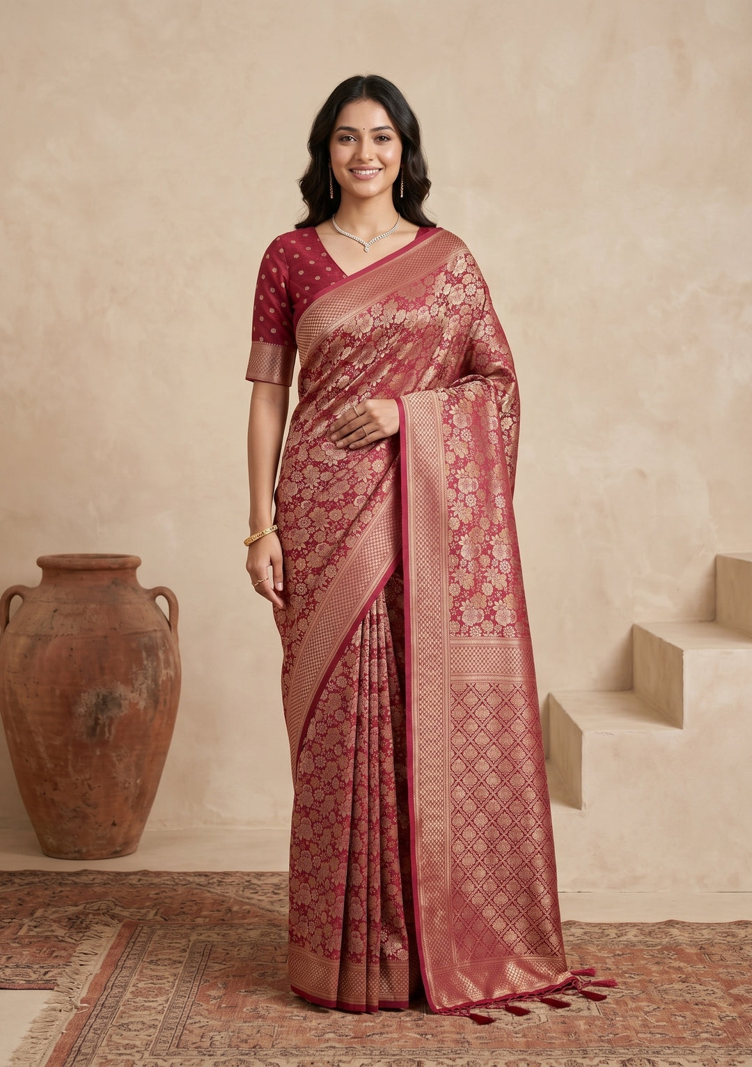 Maroon Silk Jaal Saree With Matching Blouse Piece