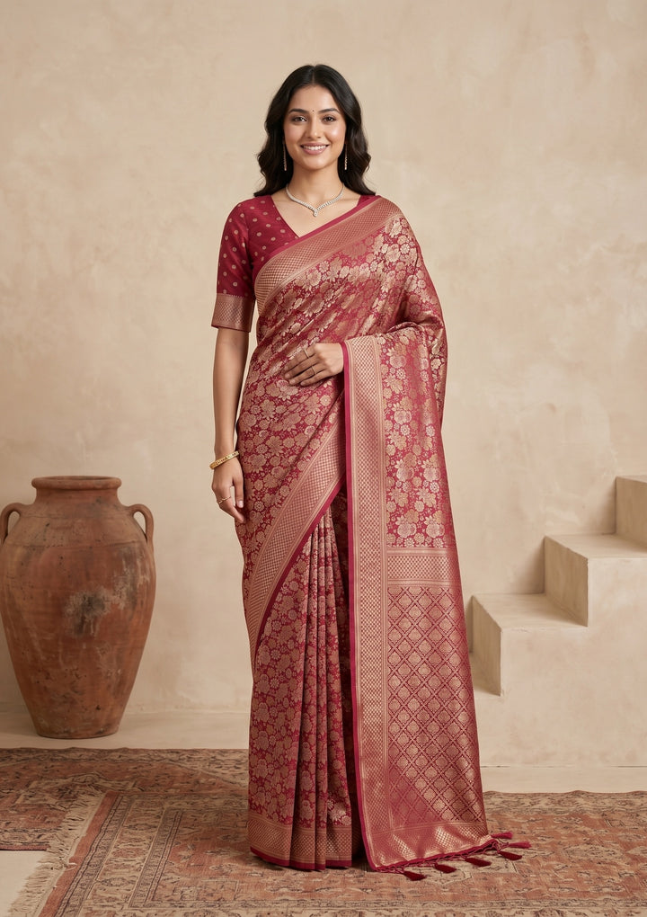 Maroon Silk Jaal Saree With Matching Blouse Piece