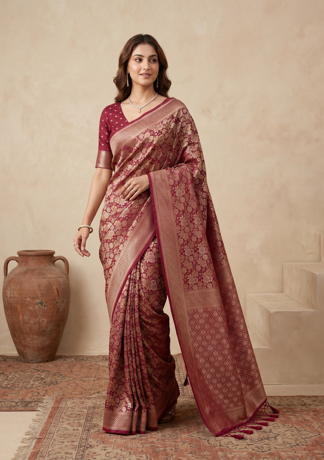 Maroon Silk Jaal Saree With Matching Blouse Piece
