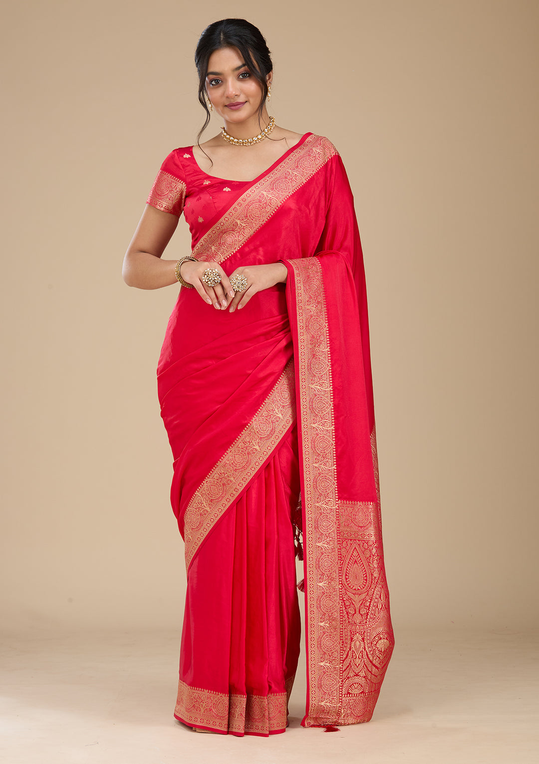 Rani Pink Banarasi Silk Saree With Matching Blouse Piece