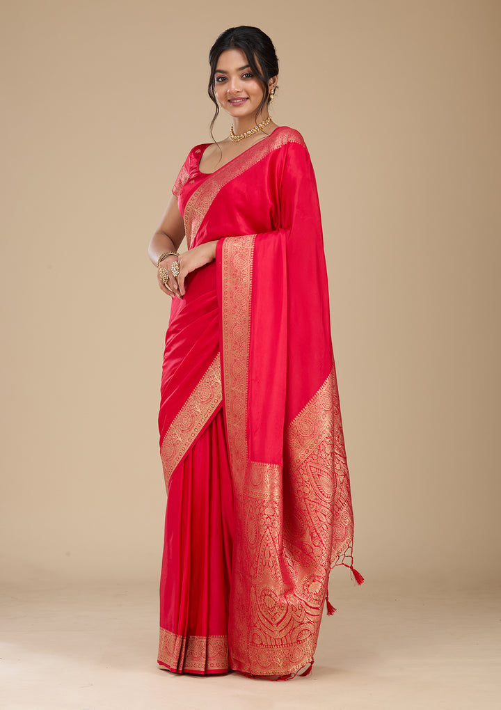 Rani Pink Banarasi Silk Saree With Matching Blouse Piece