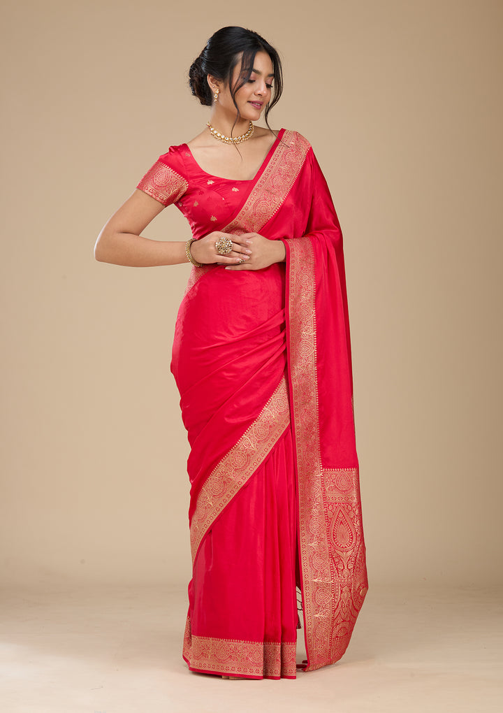 Rani Pink Banarasi Silk Saree With Matching Blouse Piece