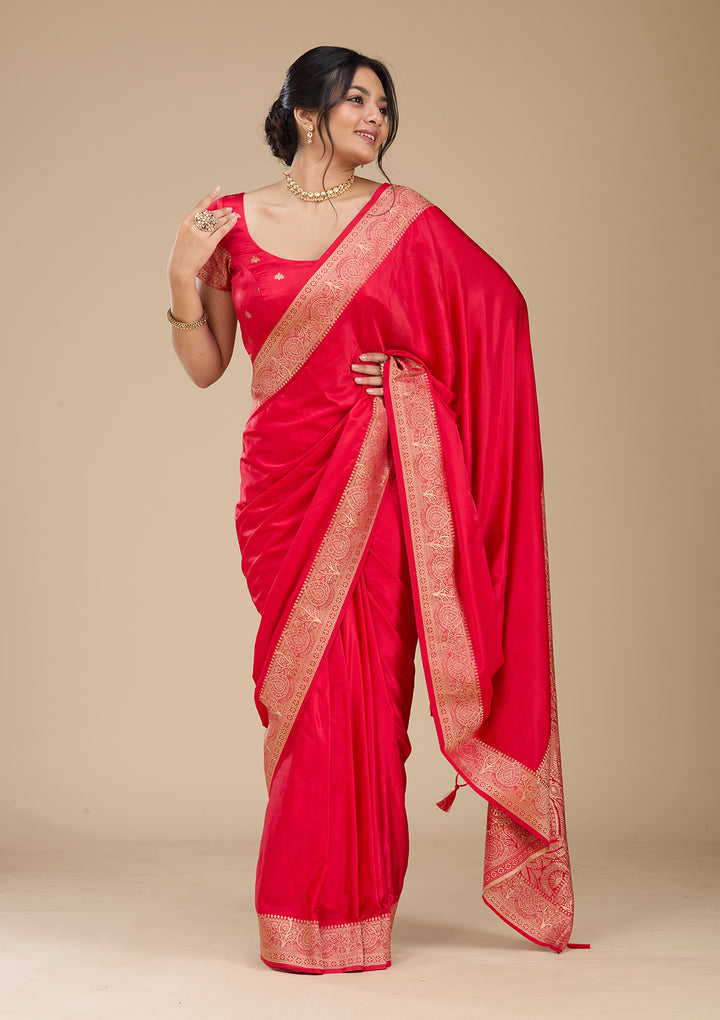 Rani Pink Banarasi Silk Saree With Matching Blouse Piece