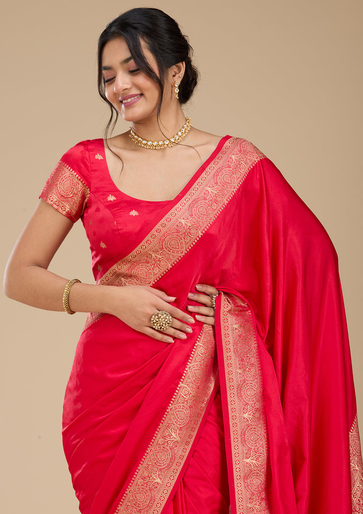 Rani Pink Banarasi Silk Saree With Matching Blouse Piece