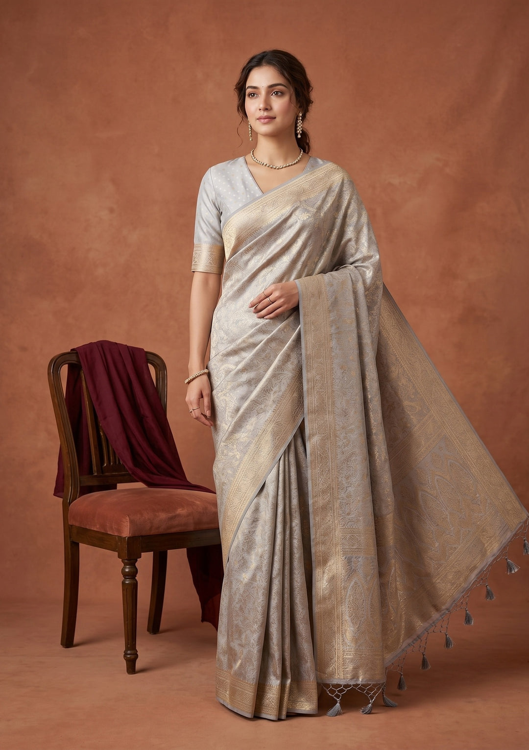 Light Grey Silk Jaal Saree With Matching Blouse Piece