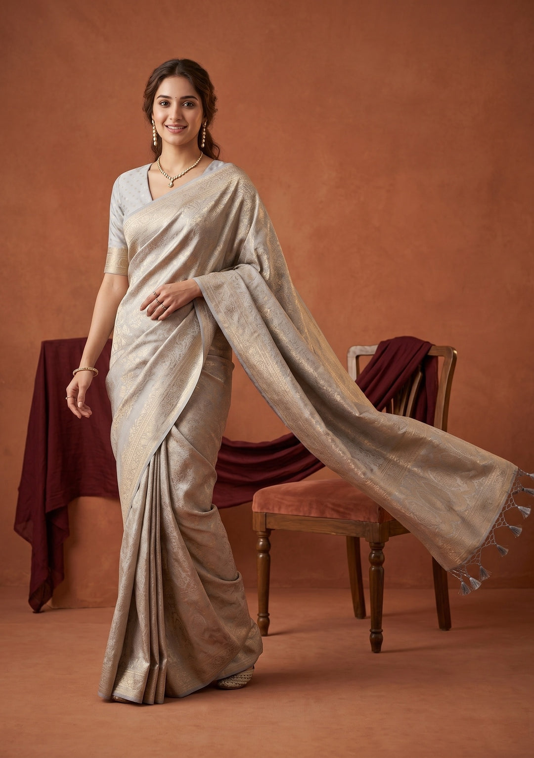 Light Grey Silk Jaal Saree With Matching Blouse Piece