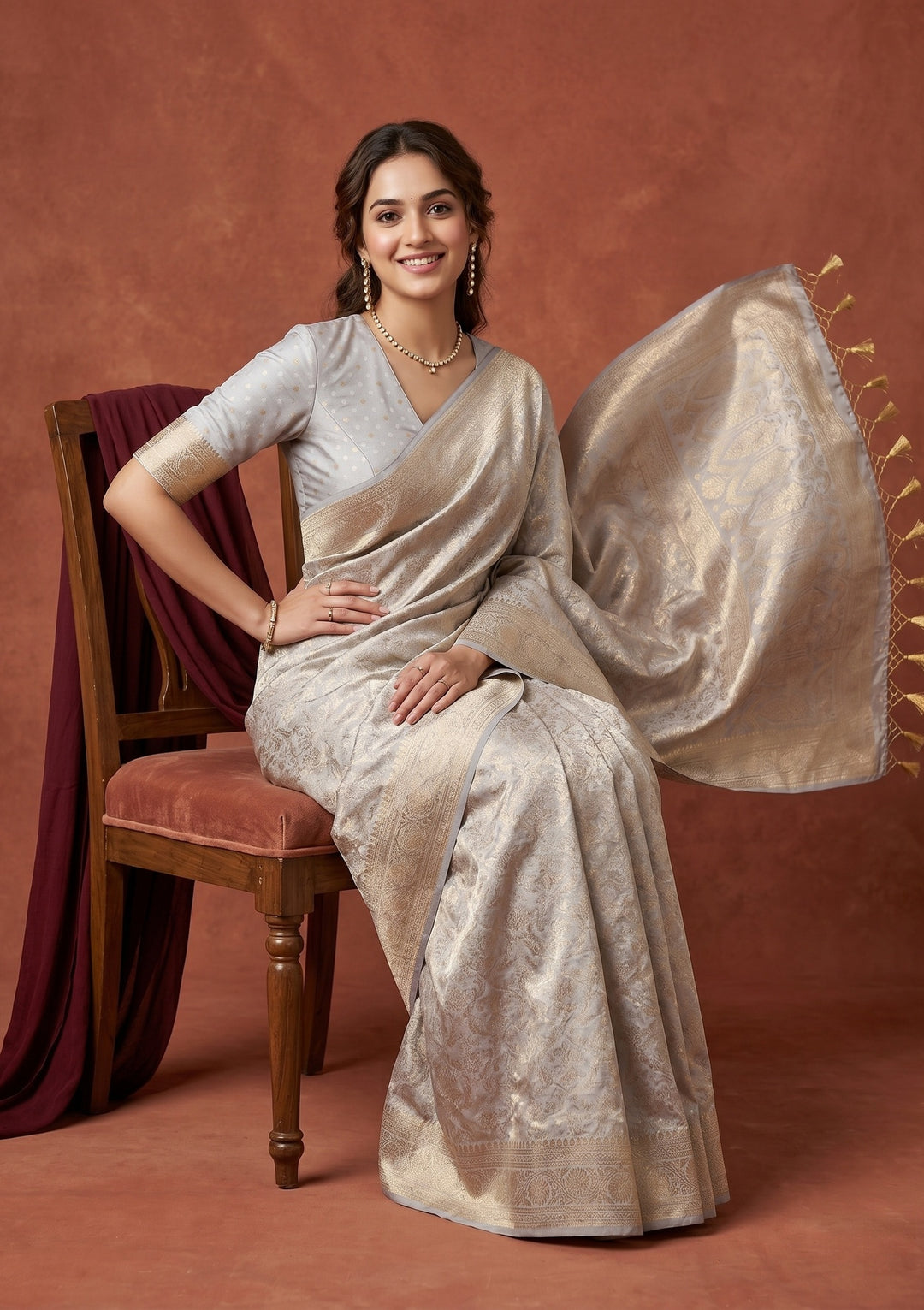 Light Grey Silk Jaal Saree With Matching Blouse Piece
