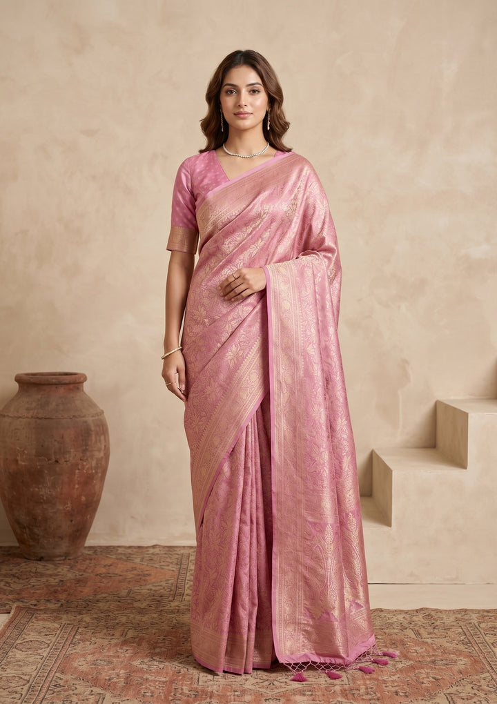 Onion Pink Silk Jaal Saree With Matching Blouse Piece