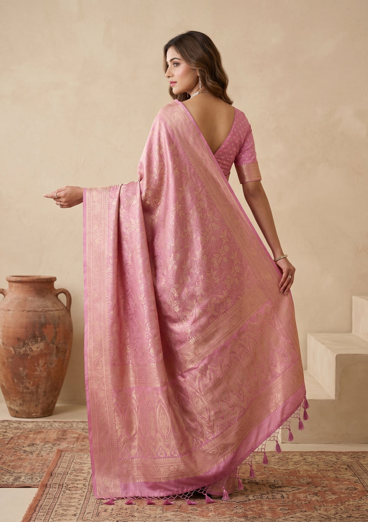 Onion Pink Silk Jaal Saree With Matching Blouse Piece