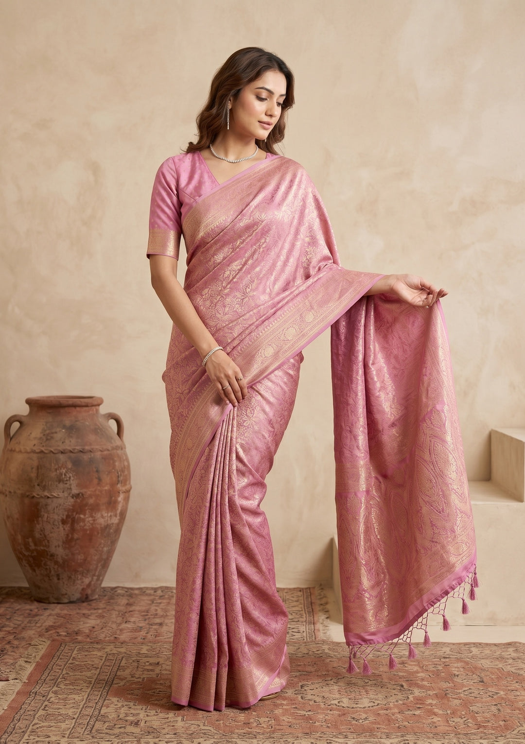 Onion Pink Silk Jaal Saree With Matching Blouse Piece