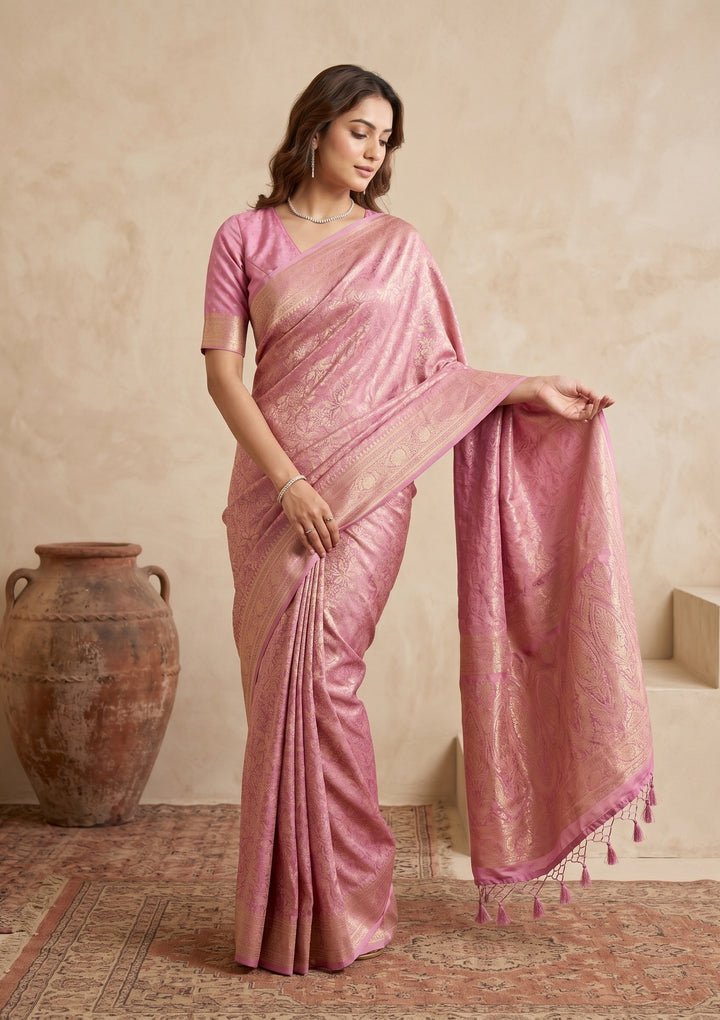 Onion Pink Silk Jaal Saree With Matching Blouse Piece