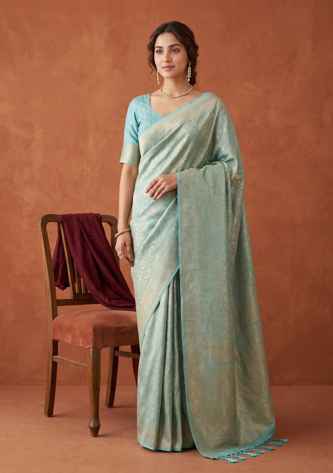 Sky Blue Silk Jaal Saree With Matching Blouse Piece