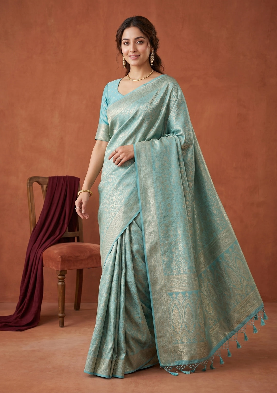 Sky Blue Silk Jaal Saree With Matching Blouse Piece
