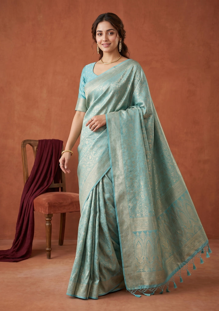 Sky Blue Silk Jaal Saree With Matching Blouse Piece