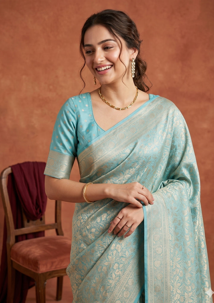 Sky Blue Silk Jaal Saree With Matching Blouse Piece