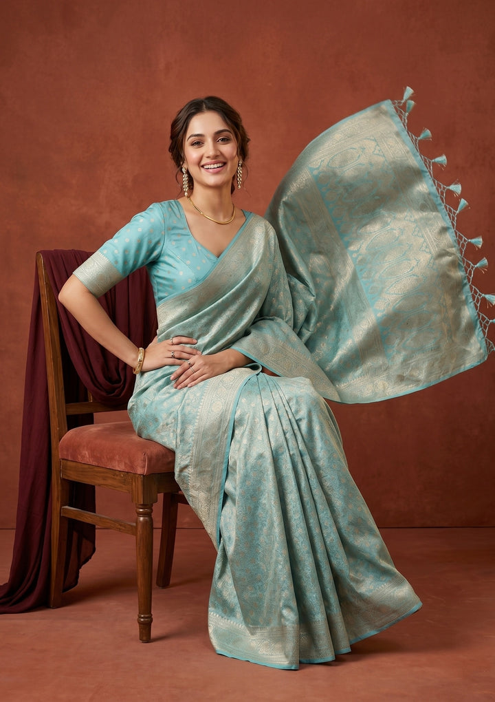 Sky Blue Silk Jaal Saree With Matching Blouse Piece