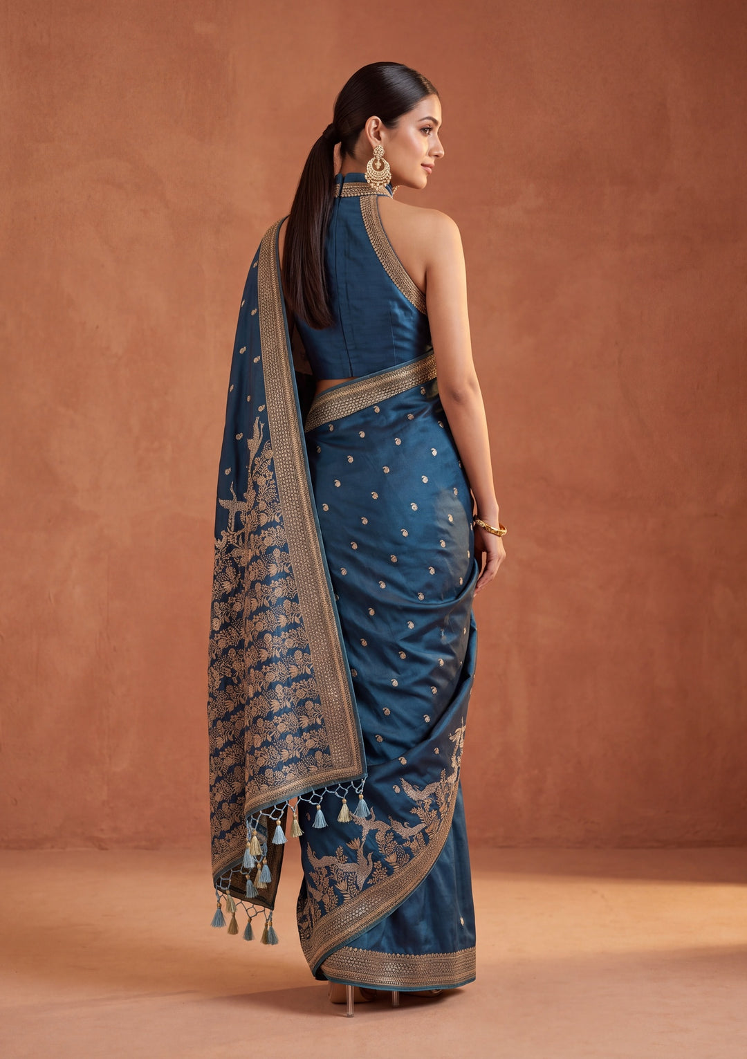 Peacock Blue Silk Buti Cutdana Saree With Matching Blouse Piece