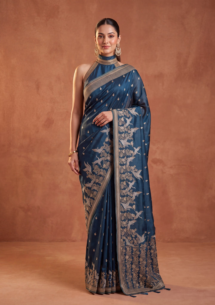 Peacock Blue Silk Buti Cutdana Saree With Matching Blouse Piece