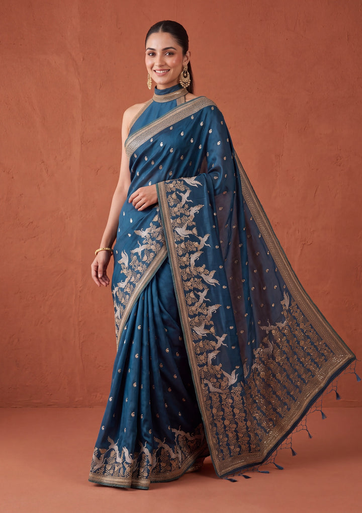 Peacock Blue Silk Buti Cutdana Saree With Matching Blouse Piece