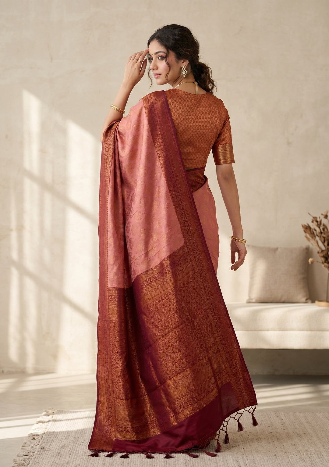 Onion Pink Soft Raw Silk Jaal Saree With Matching Blouse Piece