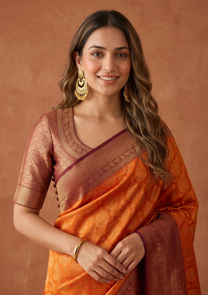 Orange Kanjivaram Soft Raw Silk Saree