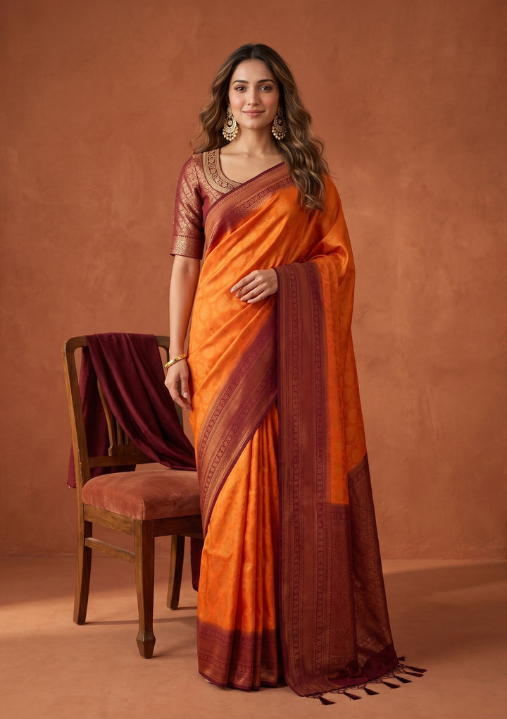 Orange Kanjivaram Soft Raw Silk Saree
