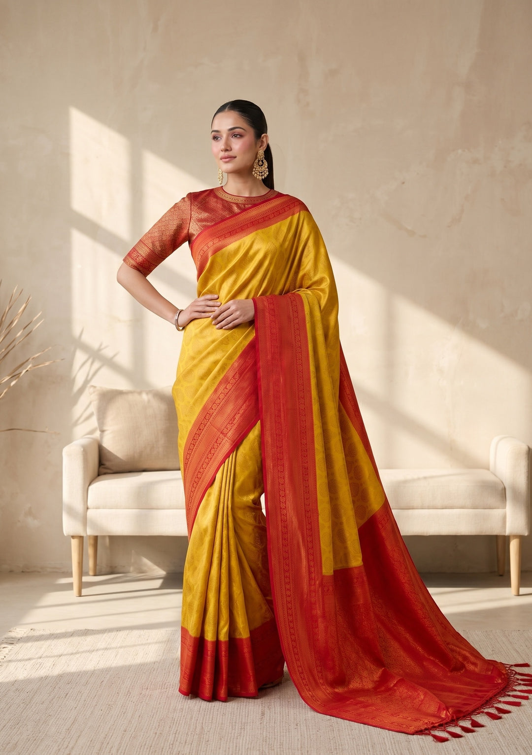 Yellow Kanjivaram Soft Raw Silk Saree